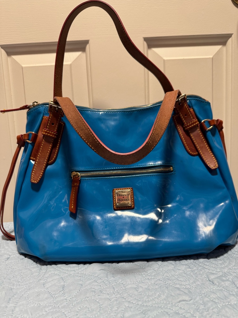 Dooney & Bourke Nina Satchel Blue Patent Leather Vachetta Handle Y2K